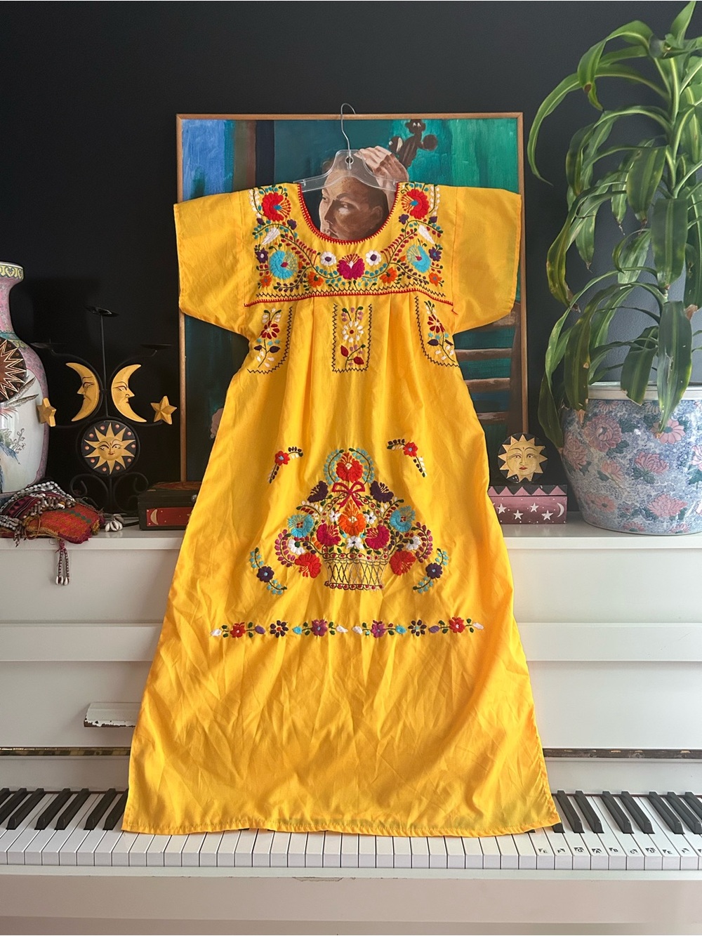 Hand Embroidered Mexican Oaxaca Yellow Floral Boho Folk Maxi Dress One Size